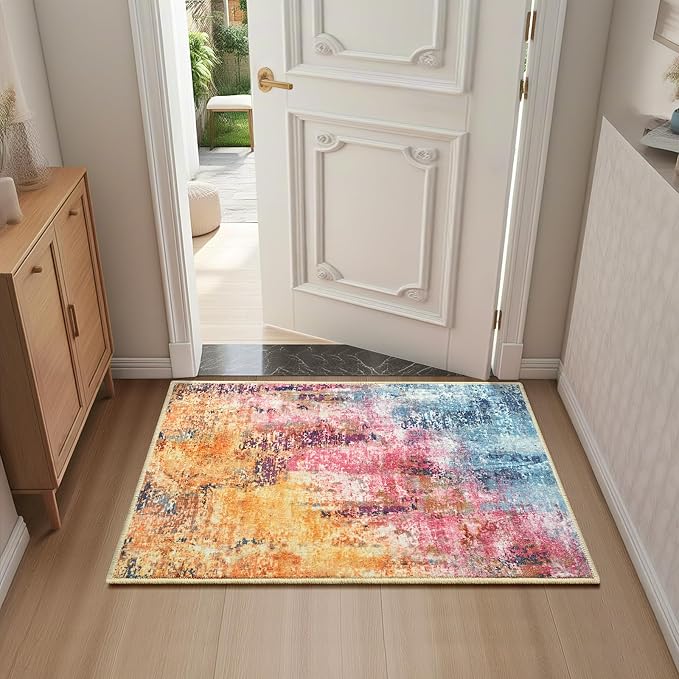 Colorful Washable Small Area Rug, 2x3 Abstract Non-Slip Door Mat, Modern Low Pile Indoor Entryway Rugs, Stain Resistant Throw Carpet for Front Door, Kitchen, Entry, Inside Entrance
