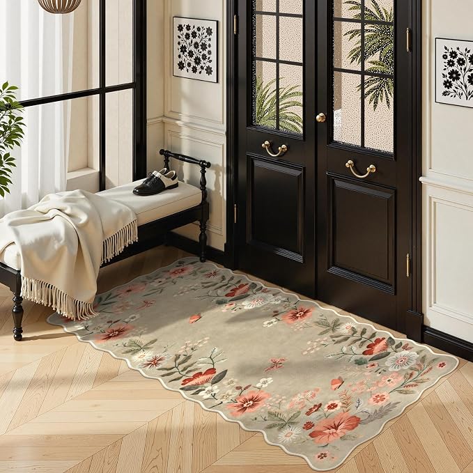 Lahome Floral Entryway Rug, 2x4 Soft Fall Kitchen Rug Non Slip Washable | Ultra-Thin Soft Non-Slip Door Mat Indoor Entrance Boho Small Throw Carpet for Bathroom Bedroom Flore, Brown