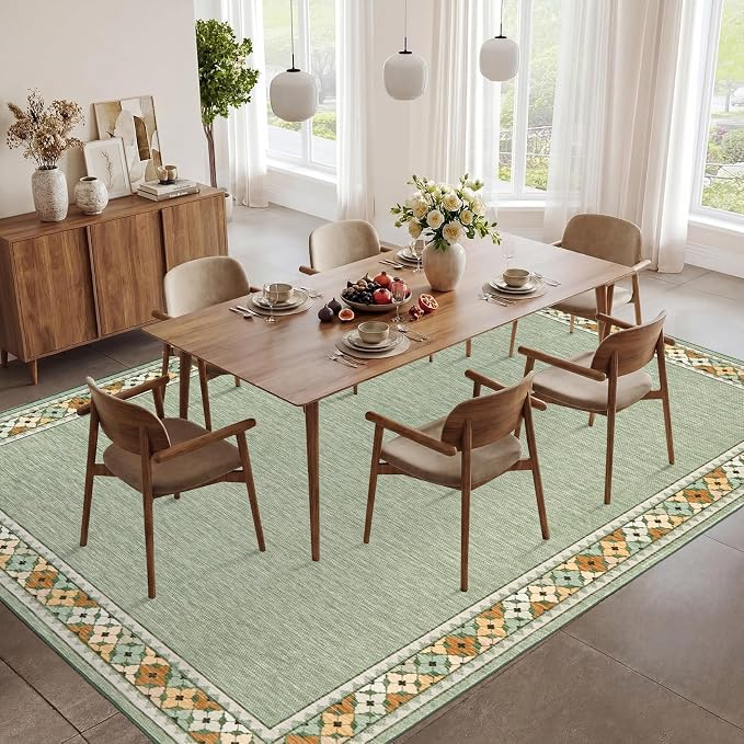 Garvee 8x10 Tribal Border Washable Rugs for Living Room Bedroom Rug, Green | Floral Border Area Rug Stain Resistant Easy Cleaning Throw Rugs Low Pile Floor Cover for Nursery Dining Room Apartment