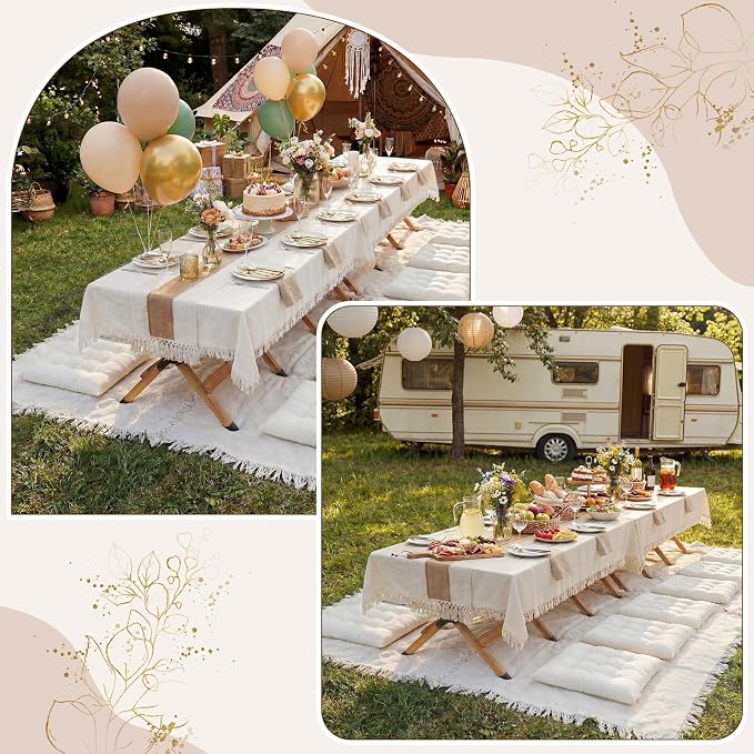Novabright Picnic Kit Folding Picnic Table Extra Large Outdoor Boho Blanket Beige Table Runner Floor Pillow Covers Woven Cotton Oversize Washable for Camp Wedding(Cream White,Floor Cushions,20 Pcs)