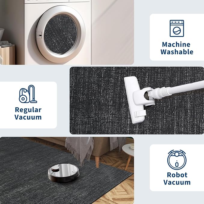 Garvee Washable Runner Rug for Hallway 2x6 Black Solid Color Bathroom Rug | Non Slip Non Shedding Modern Neutral Stain Resistant Low Pile Contemporary Accent Rugs for Entryway Bedroom Kitchen