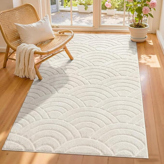 SHACOS Soft Cozy Fluffy Arch Waves Pattern High-Low Textured Area Rug 3'x5' | Non Slip Washable Minimalist Modern Graphic Rainbow Carpet for Living Room Bedroom, Cream