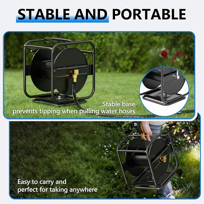 SPECILITE Metal Heavy Duty Garden Hose Reel, 360° Rotation Frame, 65-90 Ft of Hose Storage Capacity, Stable and Portable Wall/Floor Mount Water Pipe Spool, Black