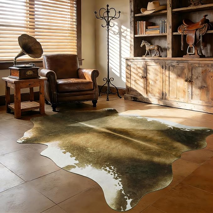 Washable Non Slip Cowhide Rug 4x5 Brindle and White, Faux Animal Skin Area Rugs for Bedroom, Western Rustic Farmhouse Aesthetic Decor Carpet with TPR Backing for Home Office