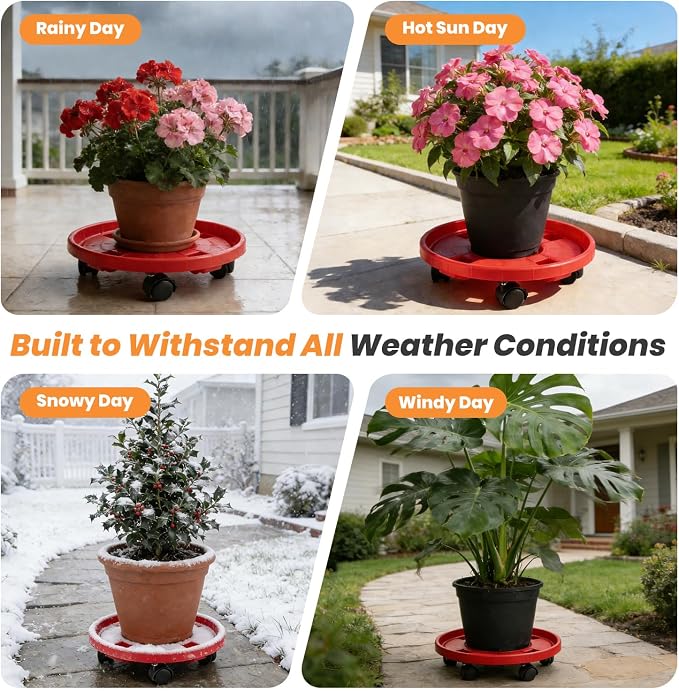 4-pack 16" Extra-large Plant Caddy with Wheels Plastic Plant Dolly with Casters Flower Pot Mover Rollers Wheeled Rolling Plant Stand Round Plant Saucer Indoor Outdoor Base Coasters, Terracotta red