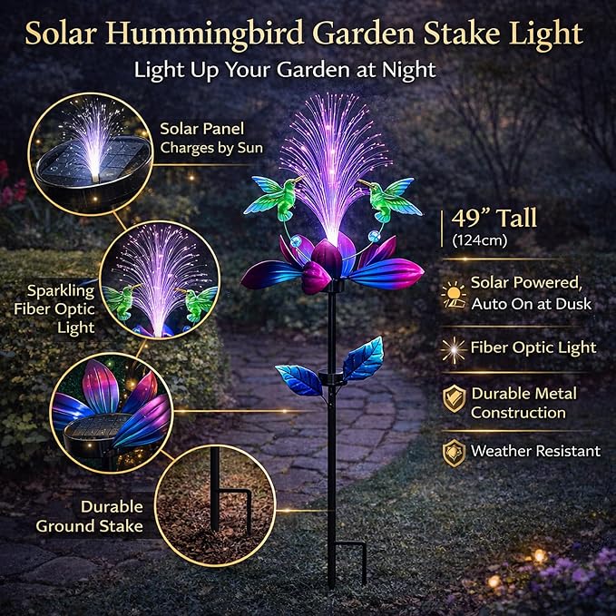Solar Hummingbird Wind Spinner Outdoor 49 Inch Lotus Flower Metal Garden Windmill for Yard and Color Changing Fiber Optic Solar Yard Art Kinetic Wind Spinner Gift for Women Mother's Day Garden Gift