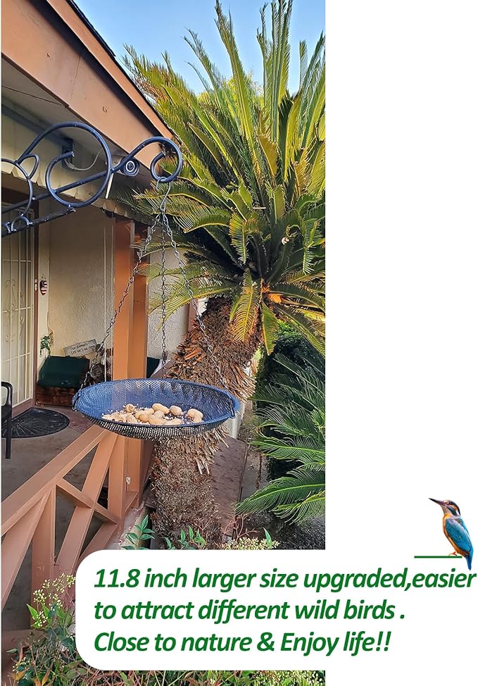 CQAIRIOU Premium Hanging Bird Feeder Tray,Size 11.8” Large Platform Bird Feeder Stainless Steel Mesh Tray,Wild Bird Feeder for Outside Hanging Seed Platform