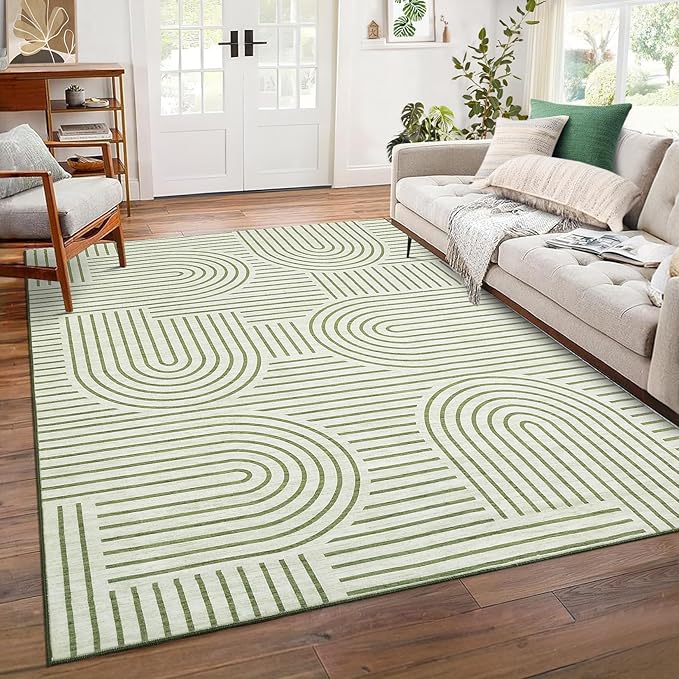 ROYHOME Modern Washable Rug 6x9 Area Rugs for Living Room Non Slip, Green | Abstract Rug for Bedroom, Rainbow Throw Rugs with Rubber Back, Low Pile Stain Resistant Boho Geometric Carpet for Dining Room