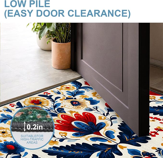 Red and Blue Floral 2x3 Entryway Rug,Non-Slip Washable Door Mat for Kitchen,Bathroom Front Door - Rubber Backing Stain Fade Resistant - Traditional Cottage Style Home Decor