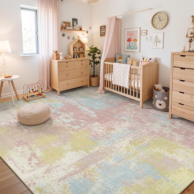 8x10 Rugs for Living Room - Modern Abstract Washable Rug, Ultra Soft Non Slip Low Pile Large Rugs, Floor Carpet for Bedroom Dining Room Office Laundry Nursery Home（Macaron Colors）