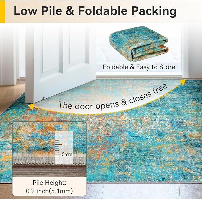 RELEANY Washable Runner 2'x10' Abstract Area Rug for Hallway Teal Multi | Carpet for Kitchen, Entryway, Bathroom, Living Room, Bedroom, Printed Pattern, Non‑Slip, Soft, Stain‑Resistant, Easy to Clean