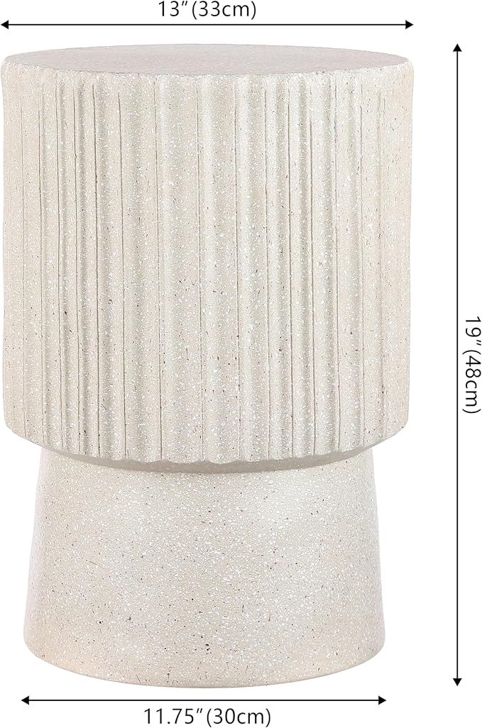JONATHAN Y Louisa 19" Fluted Outdoor Accent Table, All-Weather Cream Terrazzo Pedestal Garden Stool, Small Round Side Table for Patio, Porch, and Living Room TBL1102B