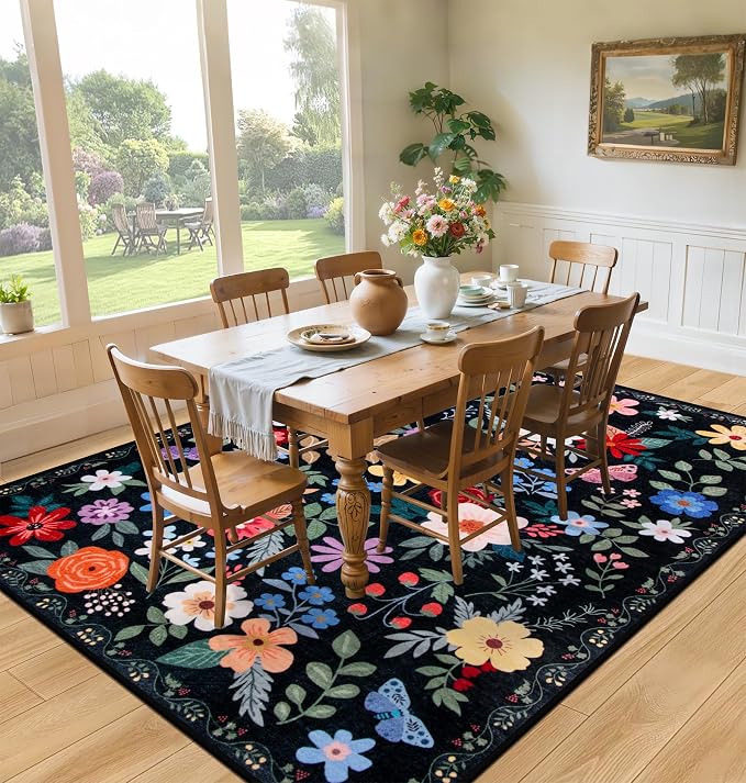 PLHXFR Area Rug 9x12 Living Room: Floral Washable Boho Soft Carpet Black | For Bedroom Dining Room Farmhouse Nursery Hallway,Vintage Floral,Machine washable,Non Slip,Stain Resistant,Large Indoor