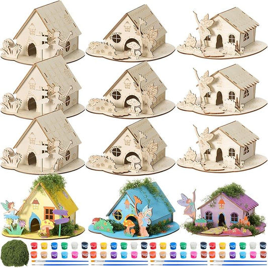 DoubleFill 12 Sets Wooden Fairy House DIY Kit Craft - DIY Fairy Garden with Paints & Decorations - Arts Crafts & Birthday Gift for Craft Activity Party Decor (Lovely Short)