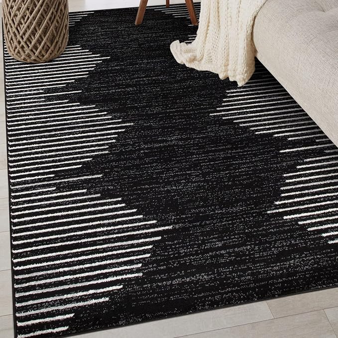 Rugshop Bohemian Stripe Stain Resistant Area Rug Black 3'3" x 5' | High Traffic, Rectangular, Size 3'3" x 5', Living Room, Bedroom, Dining Room, Home Office, Kitchen, Entryway, Hallway