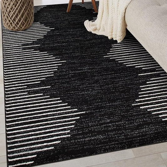 Rugshop Bohemian Stripe Stain Resistant Area Rug Black 3'3" x 5' | High Traffic, Rectangular, Size 3'3" x 5', Living Room, Bedroom, Dining Room, Home Office, Kitchen, Entryway, Hallway