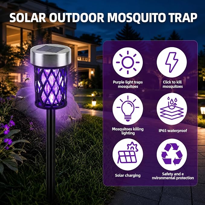 2026 Solar Bug Zapper Outdoor Waterproof Mosquito Repellent Outdoor Patio Mosquito Trap & Killer for Garden Farm Backyard Solar Powered Fly Zapper for Small Flying Insect, Gnats, Moths, Flies(4)