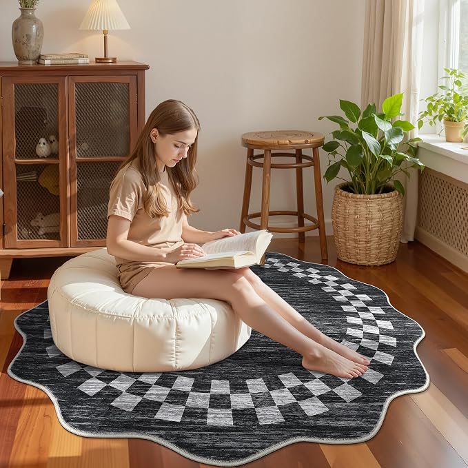 GarveeHome 6ft Washable Round Rug for Entryway Checkered Bedroom Circle Rug | Modern Non Slip Soft Dining Room Throw Carpet Large Stain Resistant Border Round Rugs for Living Room Kitchen Bathroom, Grey