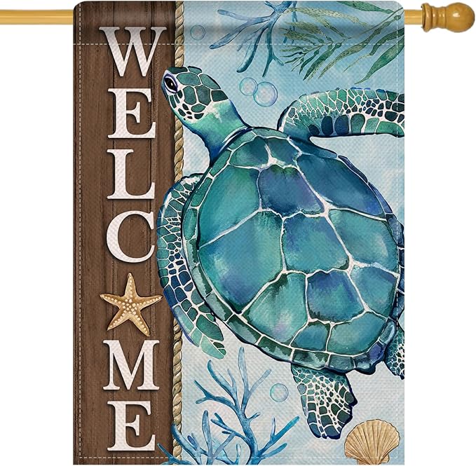 Artofy Welcome Summer Beach Sea Turtle Large Decorative House Flag, Coastal Ocean Farmhouse Yard Garden Outside Decor, Spring Nautical Starfish Coral Burlap Outdoor Home Decoration Double Sided 28x40