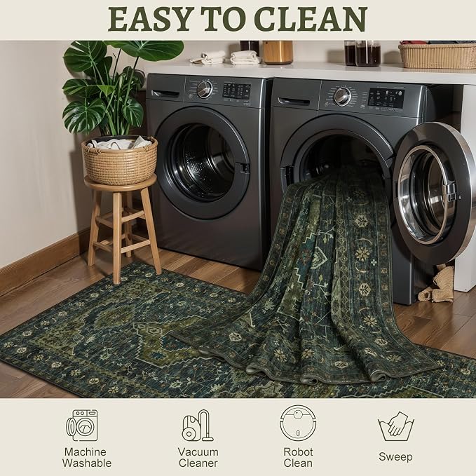 Tangsoo Oriental Small Washable Rugs for Entryway, Non Slip 2x3 Rug Green | Vinatge Olive Green Small Area Rug, Boho Print Front Door Mat Indoor Entrance Low Pile Throw Rugs for Entry Kitchen Bedroom