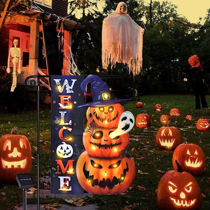 Halloween Lighted Garden Flag, Solar Weclome Pumpkin Yard Flag for Outside, 8 Modes Double Sided Welcome Halloween Pumpkin Outdoor Decorations for Home Porch