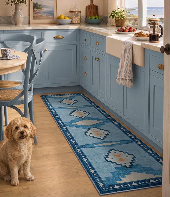 YIHOUSE 2'x6' Washable Hallway Runner Rug, Blue Aztec Coastal Runner Rug | Non-Slip, Low Pile, Soft, Mid Century Modern Geometric Design, for Entryway Kitchen Bedroom