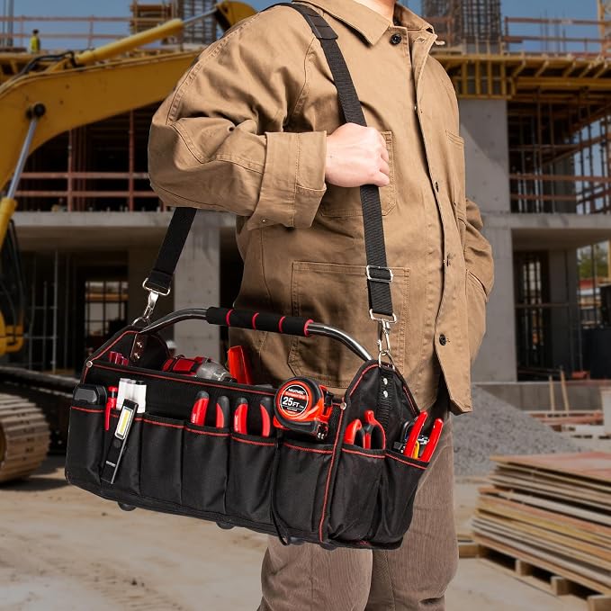 HAUTMEC 18" Foldable Tool Tote, Open Top Tool Bag with Removable Divider & Stiff Frame, 23-Pockets Electrician Tool Bag with Padded Steel Handle, Shoulder Strap & Water-Resistant Hard Base – HT0020