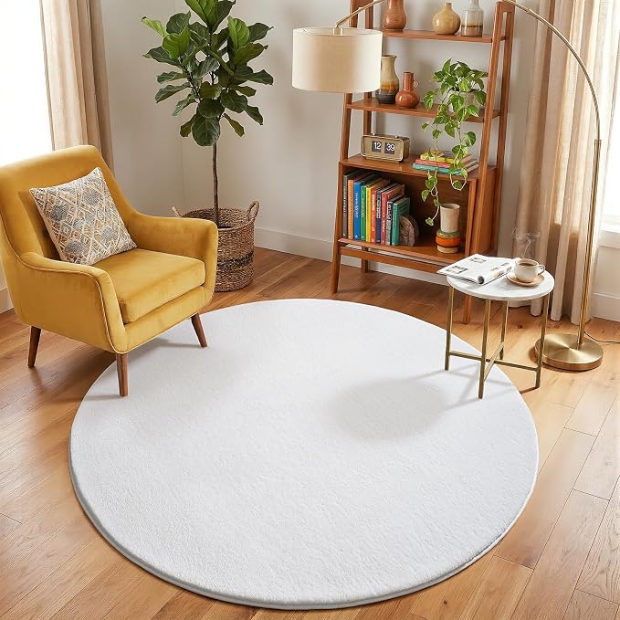 Amearea White Round Area Rugs 4ft Circle Rugs for Bedroom Living Room | Washable Fluffy Indoor Thickened Memory Foam Rug, Non Slip Minimalist Circular Carpet for Boys Girls Dorm Nursery Room Decor