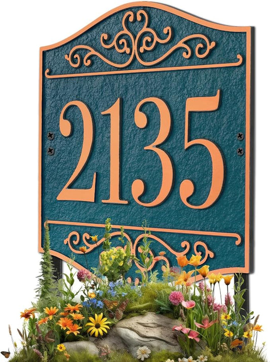 Personalized Lawn Address Sign - Custom Address Plaque,House Number Sign Plaque,House Numbers for Outside Lawn,Ground,Yard,Garden (Green/Copper)