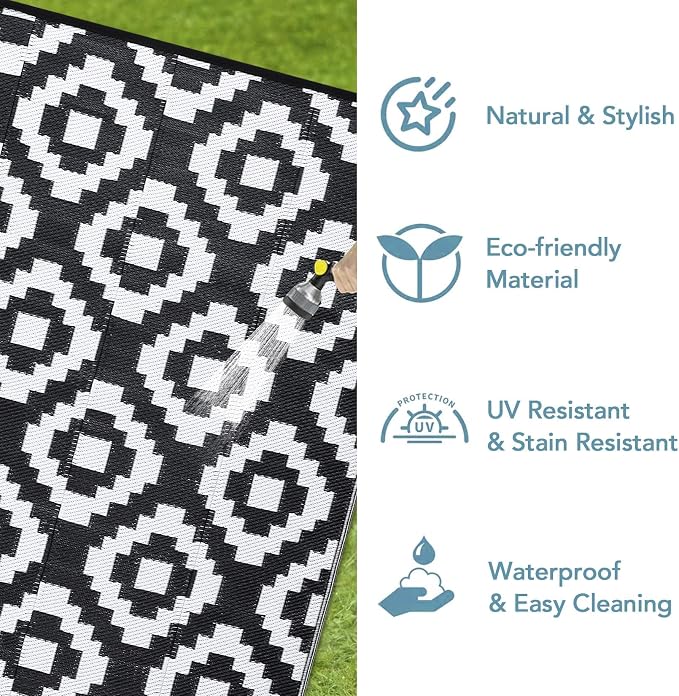 Garvee Outdoor Rug 9x18 Outdoor Patio Rug Reversible Plastic Straw Rugs Waterproof Foldable Mat Easy Clean Lightweight Carpet for Backyard Camping Porch RV Beach Balcony Deck Picnic Square White