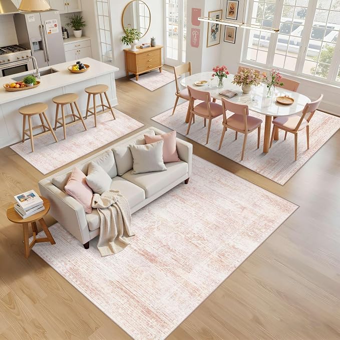 Latte&Fog Pink Rugs for Girls Bedroom Washable Cute Floral 6x9 Area Rug | for Dining Kitchen Kids Nursery Playroom Guest Room Classroom Dorm Farmhouse Office, Non Slip Low Pile Soft Floral Carpets
