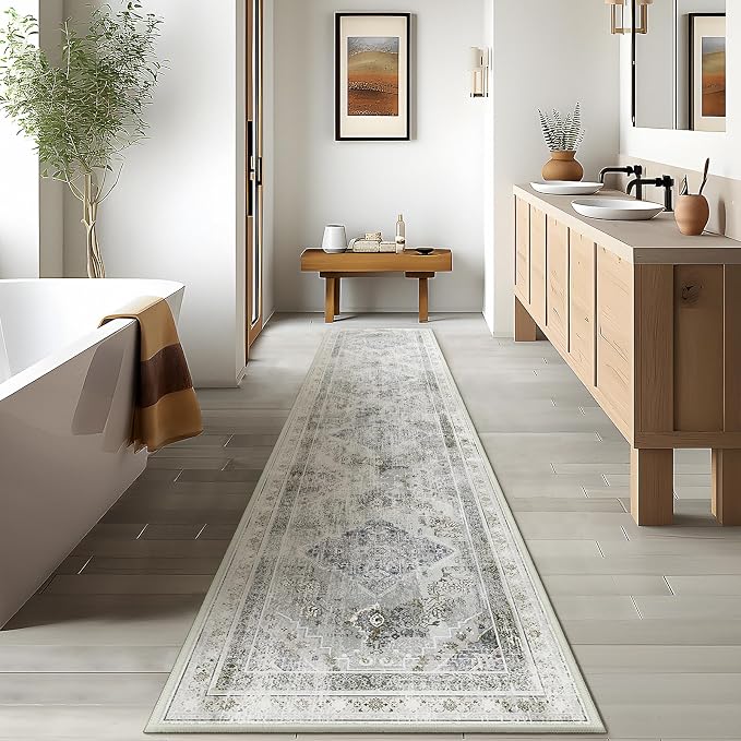 Phantoscope Washable Runner Rug 2'x10' Non-Slip, Vintage Neutral Hallway Rugs for Entryway, Stair, Bedroom, Distressed Boho Medallion Pattern, Low-Pile Foldable Floor Carpet, Silver Grey/Taupe
