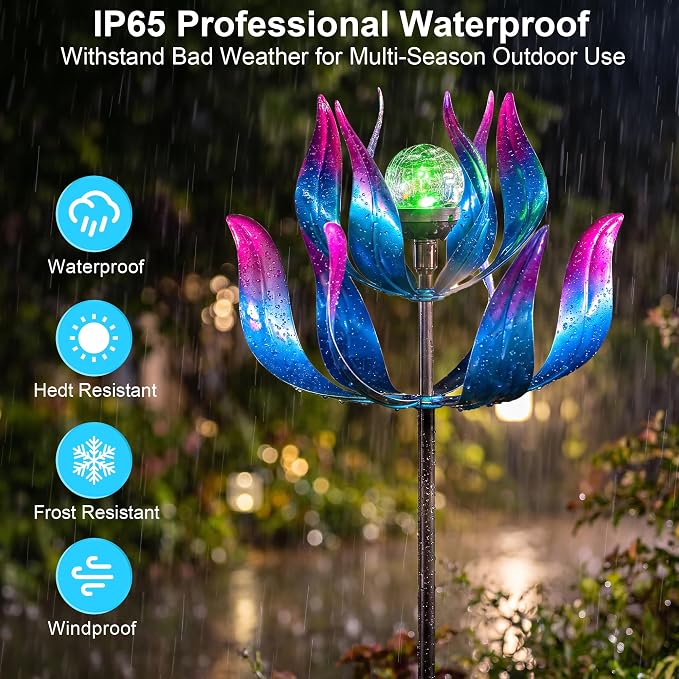 Solar Wind Spinner with Crackle Glass Ball, 7-Color Changing LED Light, Metal Kinetic Sculpture for Garden, Patio, Lawn Decor - Unique Outdoor Art for Yard