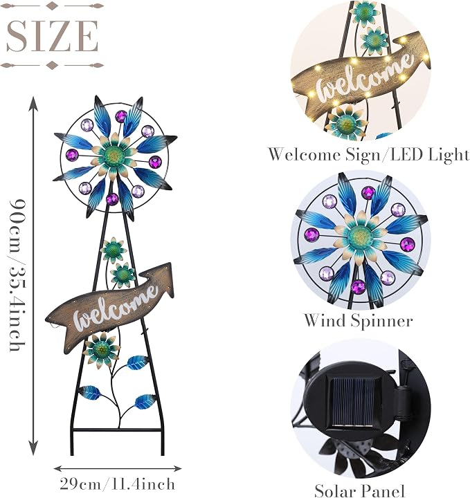TERESA'S COLLECTIONS Peacock Garden Solar Stake, Wind Spinner Yard Art Sign for Outdoor Decor, Metal Purple Floral Windmill Decorative Garden Stake for Lawn Ornaments, Gifts for Mom, 37''