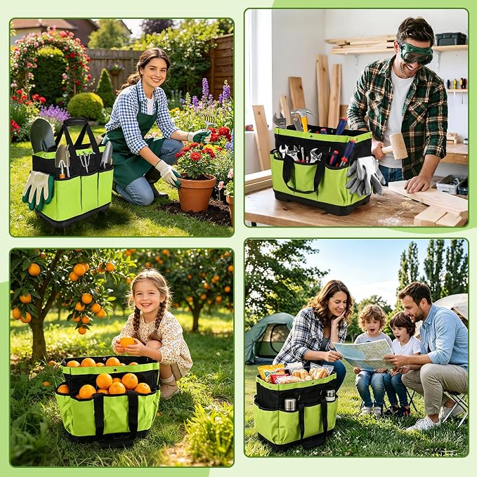 Garden Tool Bag with Waterproof Plastic Base, Heavy Duty Oxford Garden Tote Caddy with 8 Pockets, Standable Home Tool Kits Organizer for women and men (Tools are not included)