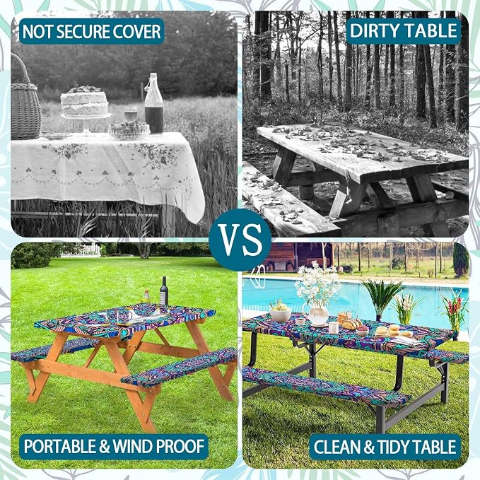 Picnic Table Cover with Bench Cover, Boho Table Covers with Elastic Waterproof Camping Tablecloth with Drawstring Bag, Outdoor Travel Rv Patio Camping Essentials, 96In 3PCS