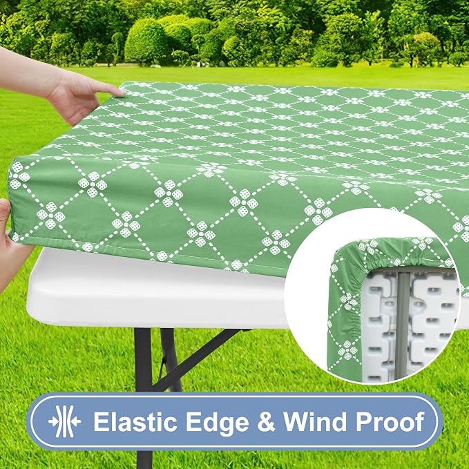 misaya Rectangle Vinyl Table Cloth, Elastic Fitted Tablecloth with Flannel Backing, Waterproof Plastic Table Cover Fits 6 Foot Folding Tables for Picnic, Camping and Outdoor (Sage Green, 30" x 72")