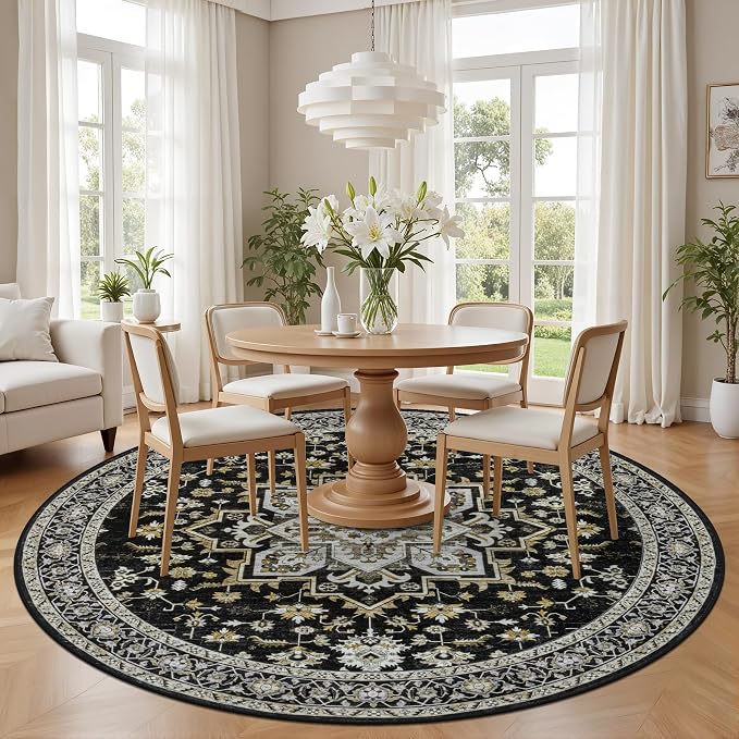 Round Area Rug for Living Room: 4ft Boho Washable Rug Black Gold | Vintage Boho Soft Round Rug Indoor Floor No Slip Carpet Stain Resistant Rugs for Bedroom Dining Room Nursery Home Office
