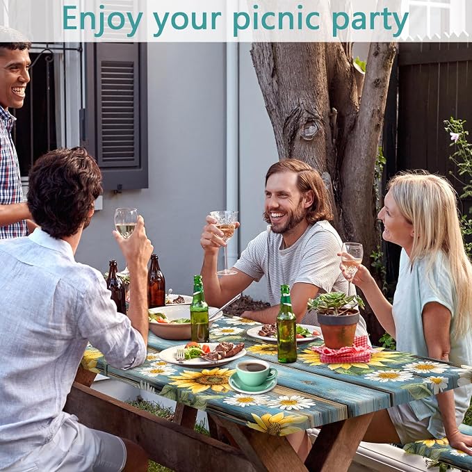Wooden Floral Picnic Table Cover with Bench Covers Camping Essentials Waterproof Windproof Camping Outdoor Tablecloth with Drawstring Bag, Fitted Rectangle Tables and Seats, 30X60 inch