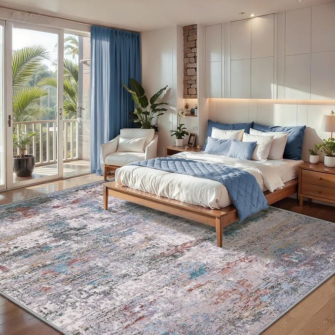 Tangsoo Modern 8x10 Washable Area Rug for Living Room,Abstract Non Slip Rug | Contemporary Indoor Large Area Rugs Carpet, Soft Low Pile Foldable Floor 5X7 Rug for Bedroom Dining Room Blue Grey Decor