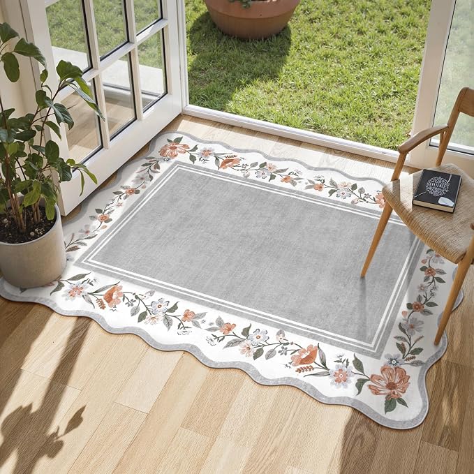 Lahome Floral Entryway Rug 2x3, Non-Slip Scalloped Kitchen Rug | Ultra-Thin Washable Door Mat Indoor Entrance Stain Resistant, Boho Throw Rugs for Bathroom Bedroom Ariele Grey