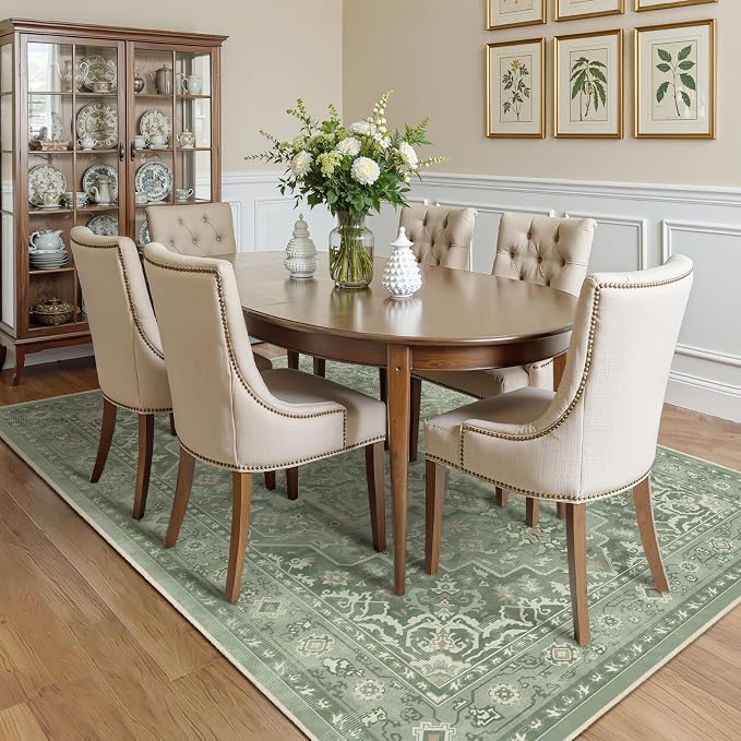 Soft Sage Green 5x8 Area Rugs for Living Room, Cozy Cottagecore Dining Room Rug Washable Non Slip, Modern Vintage Medallion Low Pile Thin Carpet Rugs for Den/Bedroom/Foyer/Home Office