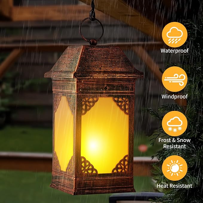 15.5" Solar Lanterns Outdoor Waterproof, Glass Flickering Flame Solar Lantern, Hanging Metal Lantern Decorative for Patio Front Porch Garden Backyard Tabletop Party Decoration