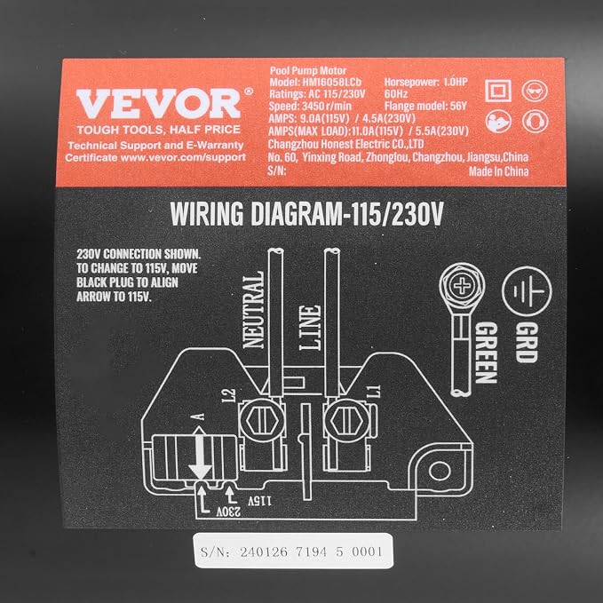 VEVOR 1 HP Pool Pump Motor, 3450 RPM High Speed, 115V (9.0 Amps) / 230V (4.5 Amps), 90μF/250V Capacitor, 1.25 SF, CCW Rotation, 56Y Square Flange Replacement Motor for Swimming Pools, Spa Centers