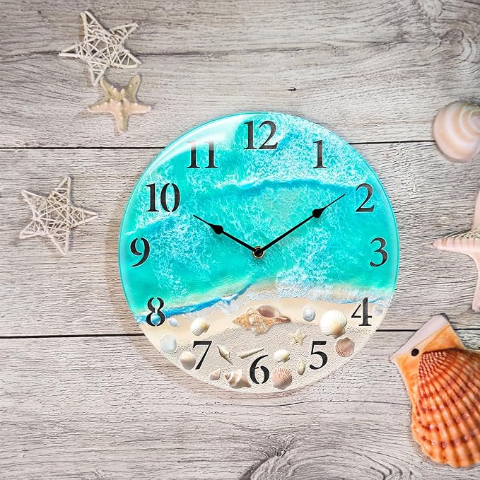 Coastal Nautical Glass Wall Clock with Seashell Design and Aesthetic Beach Theme - Battery Operated Silent Wall Decor for Home, Kitchen, Living Room, Office, Bedroom, or Bathroom (12 Inch,Teal)