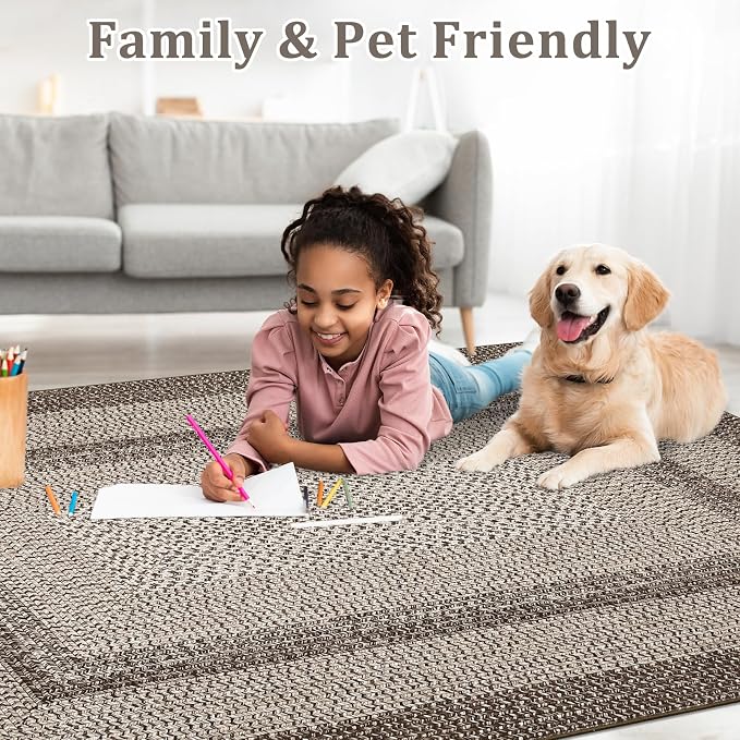 RUGSREAL Modern Bordered Round Area Rug 4ft Washable Bedroom Circle Rugs | Non Slip Stain Resistant Dining Room Round Throw Carpet Contemporary Circle Mats for Living Room Kitchen Nursery, Mocha