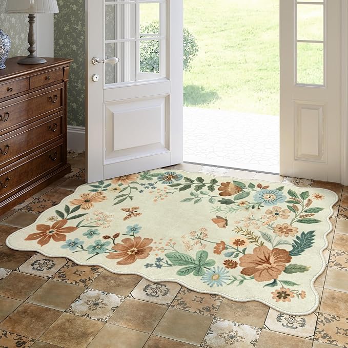 Lahome Floral Machine Washable Rug, Soft 3x5 Rugs for Entryway Bedroom | Non Slip Ultra-Thin Boho Rugs for Living Room Stain Resistan Throw Carpet for Nursery Entrance Flore, Beige