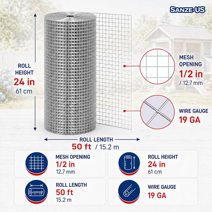 Sanzeus Hardware Cloth, 1/2 Inch 24in x 50ft 19 Gauge, Double-Layer Hot-Dip Galvanizing After Welding, Chicken Wire Fence Wire Mesh Poultry Netting Garden Fence Tree Guard Rolls