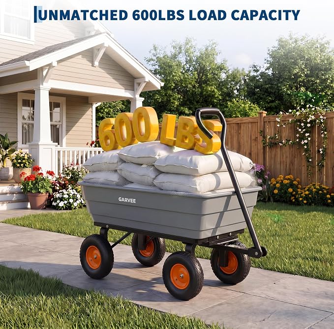 Garvee Poly Garden Dump Cart, Heavy Duty 600lbs Wheelbarrow Yard Cart Dump Wagon with 10”All Terrain Wheels, Garden Utility Wagon with Quick Release System& Convertible Handle Attach to ATV (Gray) | Heavy Duty,10”All Terrain Wheels, Garden Utility Wago...