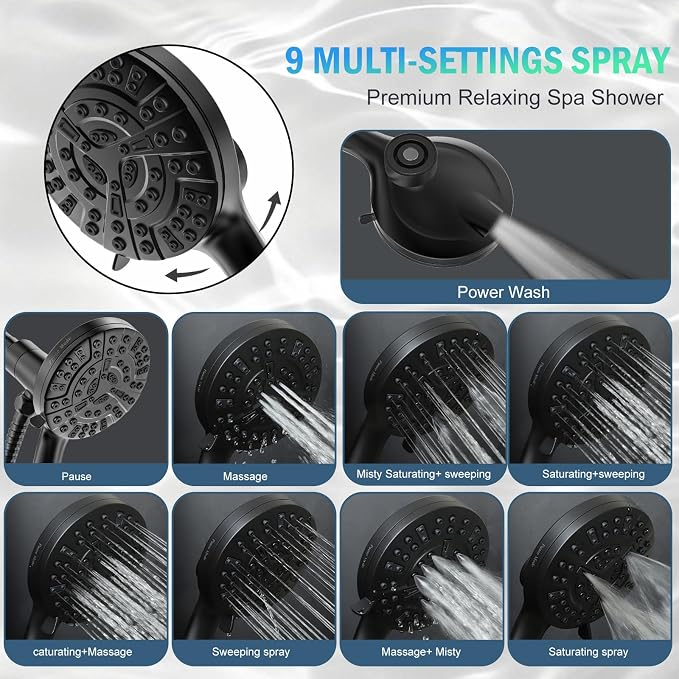 BESAQUO Shower Head, 9 Settings High Pressure shower head with handheld, Built-in Pause Mode & Power Wash, Non-Clogging Nozzles, 6ft Hose,Bracket(Matte Black, Magnetic 9 Settings)